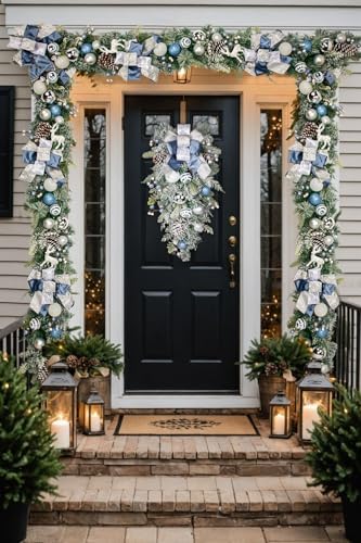 30" Christmas Teardrop Swag for Front Door Artificial Winter Swag Garland with Pine Cones, Berry Clusters, Blue Ball Ornaments and Ribbons for Thanksgiving Holiday Christmas Decoration - Image 4