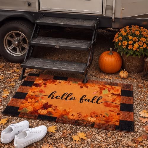2 Pack Hello Fall Welcome Doormat, Orange Black Checkered Mat Non Slip - Image 6