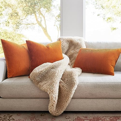 YCOLL Burnt Orange Pillow Covers 24x24 Set of 2 Velvet Striped Pattern - Soft Throw Pillows for Home Decor, Luxury Decorative Pillow Covers for Couch, Bed,Living Room - Image 3