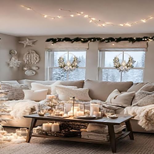 prelit Christmas Hoop Wreath with Lighted House,Farmhouse Winter Wreath with Lights,16inch Silver White Christmas Wreath for Front Door, Winter Xmas Holiday Porch Decor,Modern Mantel Decoration Gift - Image 4
