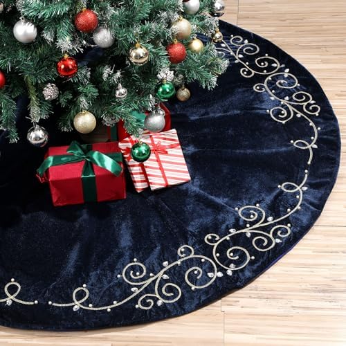 48inch Christmas Tree Skirt Navy Blue Luxury Velvet Plush Fur Skirts Baroque Tree Skirts with Gold Embroidered Pearls and Crystals Xmas Velvet Trees Skirt for Christmas Holiday Party Home Decorations by QOUBAI