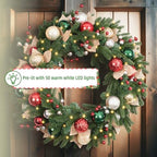 28 Inch Lighted Christmas Wreath with 50 Warm White LEDs and Timer, Battery Operated Pre-Lit Artificial Wreath with Christmas Ornaments and Gold Mesh Leaves for Front Door and Mantel - Image 6
