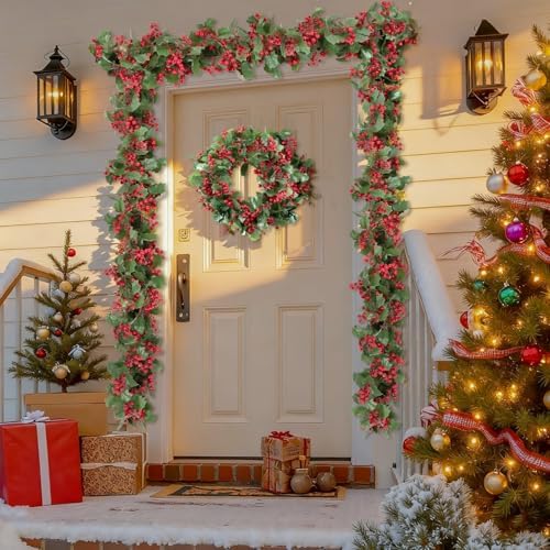 Findosom Total 11.2FT Christmas Garland for Mantle, 2PCS Flexible Red Berry Garland with Leaves, Artificial Garlands for Decoration Christmas Fireplace Indoor Outdoor Home Stairs Holiday Decor - Image 5