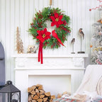 Pinkpuii Pre-Lit Christmas Wreaths for Front Door 24 Inch Christmas Wreath with Lights,Large Winter Wreath with Cardinal Birds,Poinsettia,Green Evergreen Pine Needles Red Berries Holiday Wreath Decor - Image 5