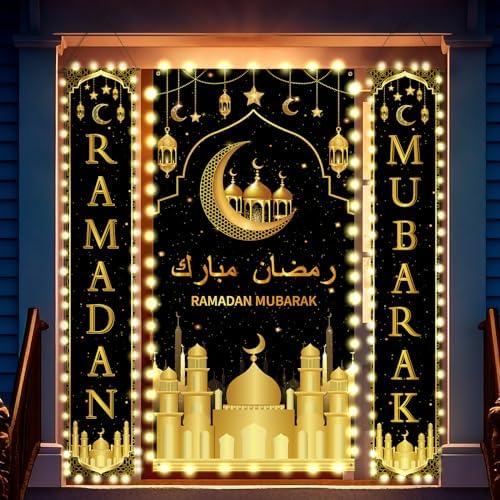 Preboun 3 Pcs Hanging Banner LED Decoration Set 71 x 35.4/11.8 Inch Lighted Backdrop and Porch Sign for Outside Outdoor Decor(Eid Mubarak) by Preboun