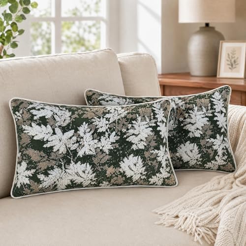 Set of 2 Chenille Throw Pillow Covers 12x20 Inches, Vintage Fall Maple Leaves Farmhouse Decor Cushion Covers Soft Autumn Decor for Sofa Living Room Bedroom Green by BOYSUM