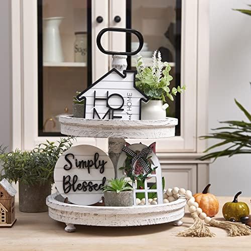 Houmury Rustic Farmhouse Tiered Tray Set with Succulent & Plant - Home Decor for Kitchens (Set of 8 Without Trays) - Image 2