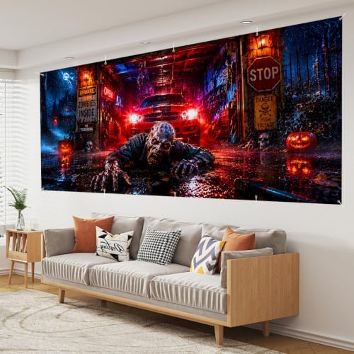 7x16ft Halloween Garage Door Banner Decorations, Scary Zombie Crawling Out of Garage Cover Background, Large Haunted House Backdrop with Beware Signs and Evil Pumpkins Outdoor Wall Party Supplies - Image 7