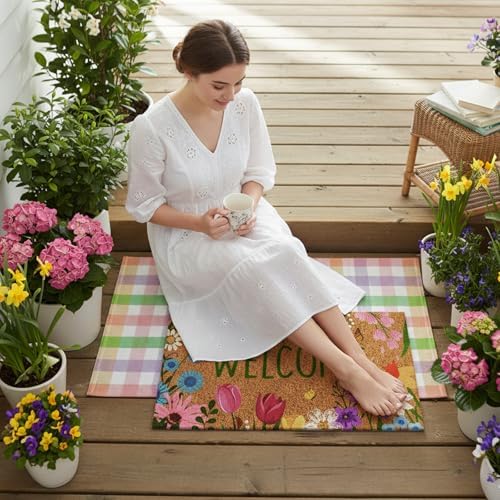 Moucuny 2 Pcs Spring Coir Mat Outdoor, Flower Welcome Doormat - Image 6