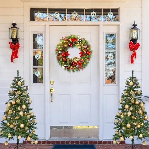 Sggvecsy 17 Inch Artificial Christmas Wreath for Front Door with 20 LED Lights Pine Needles Christmas Balls Red White Berries Pine Cones Bows Decoration for Winter Outdoor Wall Home Holiday Xmas Decor - Image 2