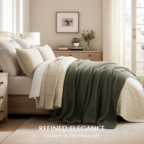 EVERGRACEHOME Chunky Chenille Knit Throw Blanket, 108x92, Olive Green - Image 5