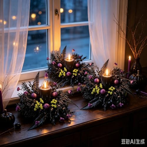 6 Pcs Black Fern Purple Flower Halloween Mini Candle Ring Wreaths with Green Berry Purple Glitter Baubles Gothic Artificial Pillar Candle Holder Wreath for Spooky Dark Home Table Fireplace Decoration - Image 2