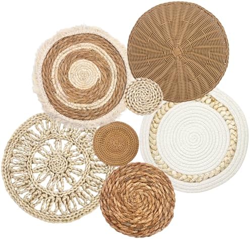 CODOHI Set of 7 Boho Wall Baskets, Wall Hanging Rattan Decor, Flat Round Woven Water Hyacinth Corn Husk Farmhouse Handmade Macrame Hanging Woven Baskets for Living Room Bedroom Dining Room Office by CODOHI