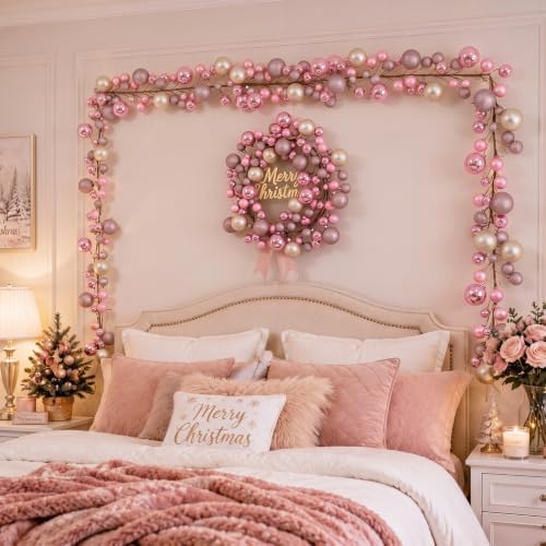 2 Pcs 6 ft Christmas Ball Ornament Garland, Pink, Champagne Gold - Image 5
