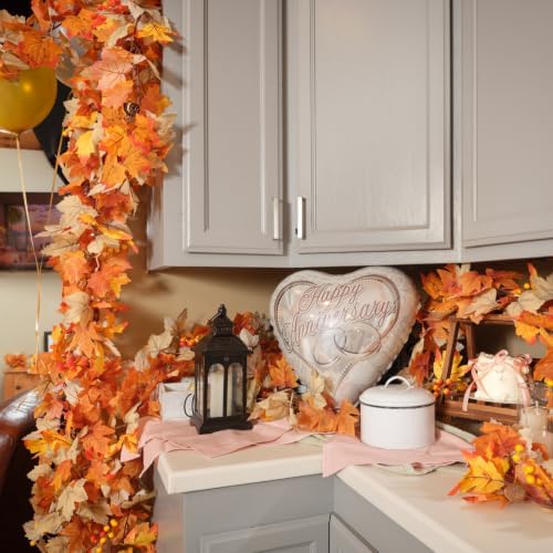 CQURE 9 Pack Fall Leaf Garland with Lights,53Ft 60LED Fall Decorations Maple Leaves String Lights, Artificial Autumn Garland for Thanksgiving Halloween Harvest Home Party - Image 5