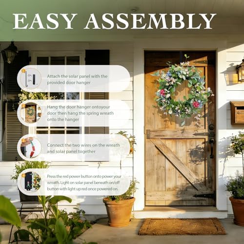 Solar Spring Wreath for Front Door 24inch Pre-lit 50LED Spring Summer Decorations Artificial Wreath Colorful Daisy for Outside Home Decor Festival Farmhouse Decor(2408) - Image 3