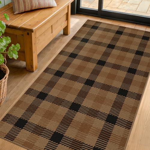 JTJ Easy Jute 3x6 Runner Rug, Brown & Black Plaid Farmhouse Runner for Kitchen, Hallway & Entryway, Washable Non Slip Low Pile Rug, Rustic Woven-Look Floor Mat for Mudroom, Bedroom & Living Room - Image 3