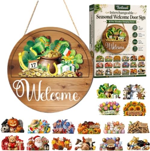 Interchangeable Seasonal Welcome Door Sign for Front 16 Pcs Wooden Hanging by Unknown