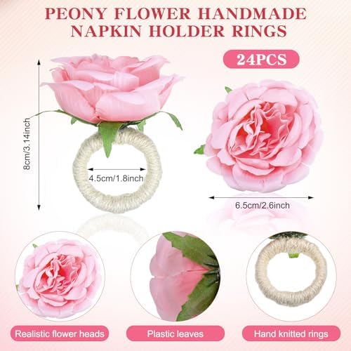 Yunsailing 24 Pcs Flower Napkin Rings Peony Floral Handmade Napkin Holder Rings Handicraft Holder for Table Decorations Wedding Holiday Banquet Luncheons Birthday Party Picnics Supplies(Pink) - Image 2