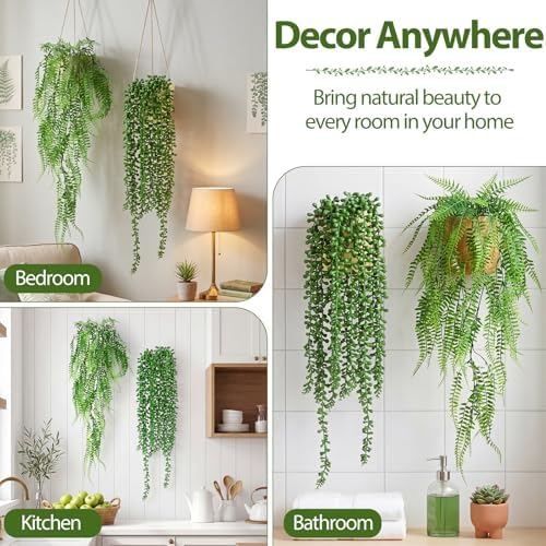 Daifunli 12 Pcs Artificial Hanging Plants Fake Hanging Ferns Plastic Fake Plant for Wall Room Garden Garland Indoor Outdoor Decor No Basket (Boston Ferns,String of Pearls) - Image 5
