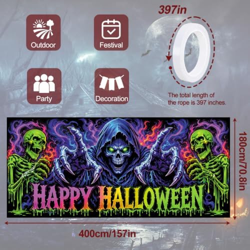 6x13FT Halloween Blacklight Neon Garage Door Cover Decorations happy Halloween Skull Garage Door Banner for Outdoor Indoor Halloween Decorations Party Photography Backdrop - Image 4
