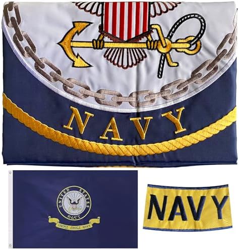 Embroidered Navy Emblem Flag Double Sided 3x5 Outdoor- 300D Heavy Duty Nylon- Military 3x5 Navy Outdoor Banner Flag- Brass Grommets & 4 Rows Stitched by AXJBW