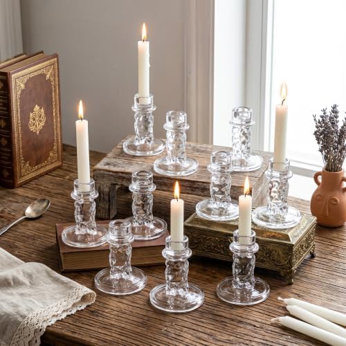 Mumufy 12 Pcs Glass Crystal Taper Candle Holders, 4 Inch Clear Glass Candlestick Holder Fit 0.8 Inch Candles, Crystal Decorative Candle Stand Centerpiece for Wedding, Dining Room, Party(Ice Patterns) by Mumufy