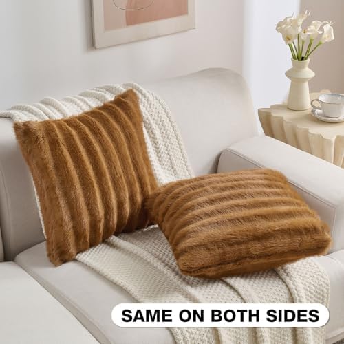 FUTEI Pack of 2 Faux Mink Fur Throw Pillow Covers 22x22 Inch, Camel - Image 4
