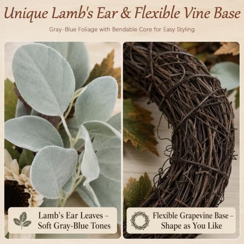 6FT Fall Garland with Lights, Sunflower Pumpkin Daisy Grapevine Lamb Ear Leaves, Thanksgiving Autumn Harvest Home Decor for Mantle Porch Table Centerpiece - Image 4