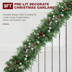 9Ft Artificial Christmas Garland with 50 Lights, Xmas Holiday Decoration Snow Flocked Artificial Garland with Pinecones Berries for Stairs Fireplaces Wall Door for Stairs - Image 4