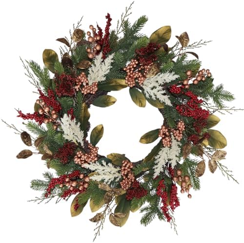 20" Gold Red Berries Christmas Wreaths for Front Door, Metallic Finish Eucalyptus Leaves Winter Xmas Wreath Outdoor Holiday Decoration, Door Wreath Decor for Farmhouse Front Porch Wall Window by BINFEN