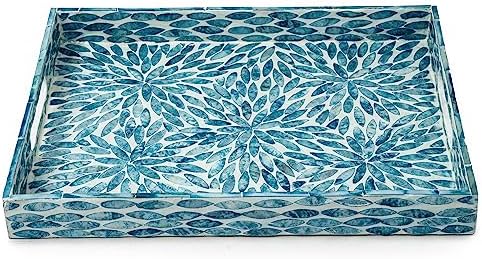 Serving Tray 15.7" X11.8", Lacquer Mother of Pearl Inlay Mosaic Tray, Rectangle Wooden Marble Tray with Handles Trays for Tea, Breakfast in Bed, Table (Flower Style) - Image 3