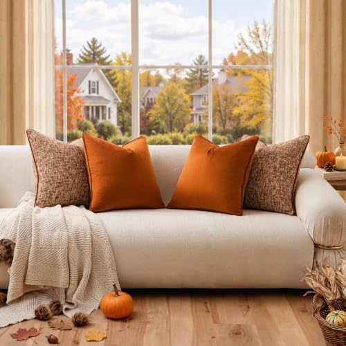a moment Orange 4 Pack Throw Pillow Covers - Chenille & Velvet Set with Piping, Farmhouse Textured Design Pillow Cases for Couch Sofa Bed Livingroom (16x16 Inch, No Insert) - Image 5
