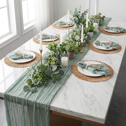 Frienda 6 Pcs Boho Woven Placemat Set with Runner, Napkin Rings, Sage Green - Image 5