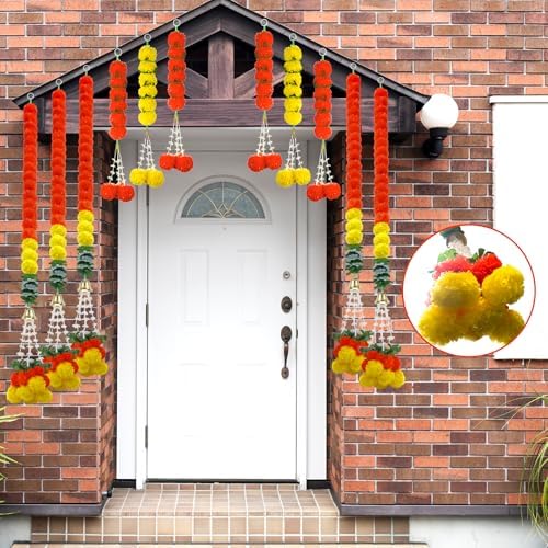 11PCS Diwali Decorations Marigold Garland for Home, Artificial Marigold with Bells and Leaves Long Strands for India Wedding, Pooja Decor, Marigold Flowers for All Year Decoration - Image 5