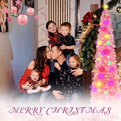 Aoriher 5 ft Pre-lit Pop up Light Pink Valentine's Day Tinsel Tree Decor Artificial Collapsible Slim Pencil Tree with String Light Sequins Reflective Valentine's Day Holiday Party Indoor Outdoor Home - Image 5