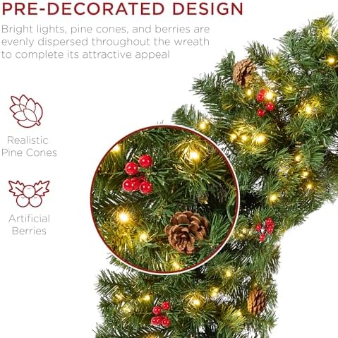 Best Choice Products 48in Pre-Lit Christmas Wreath w/Berries & Pinecones, Large Artificial Indoor/Outdoor Decor for Door, Mantel, Plug-in - Image 2