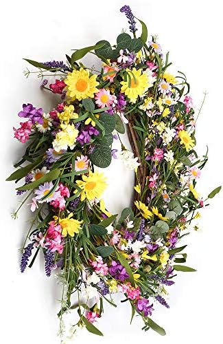 J'FLORU Spring Wreath 24 Inch Summer Wreaths for Front Door Artificial Flower Wreath with Daisy and Lavender for Indoor Outdoor and Easter Celebration - Image 4