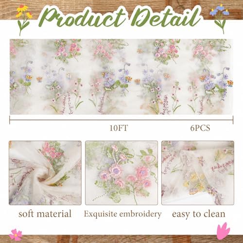 Ivory White Floral Table Runner 10ft Embroidery Tulle Wildflower - Image 3