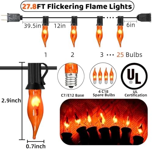 27.8Ft Orange Halloween Lights - Flickering Flame String Lights Orange Flickering String Lights with 25 +4 Pack C18 Flame Light Bulbs for Fall Halloween Decorations Indoor Outdoor Home Party Mantel - Image 2