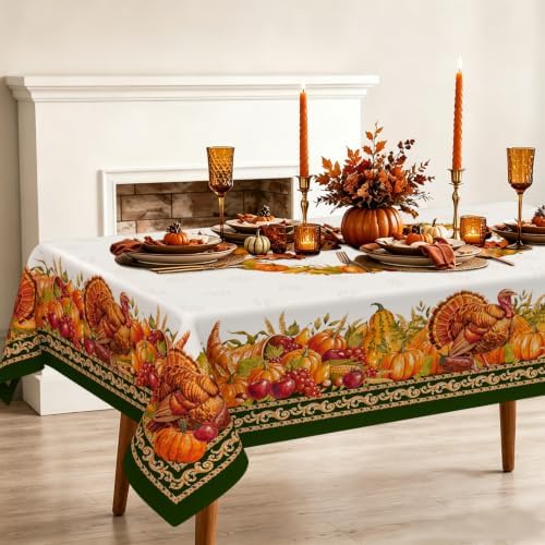 Rectangle Fall Tablecloth 60x102 Inch, Thanksgiving Autumn Harves Turkey Pumpkin Table Cloth, Waterproof Wrinkle Resistant Table Cover for Fall Decorations Decor - Image 2