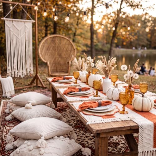 8 Set Boho Placemats with Table Runner, Scalloped Woven, Orange - Image 5