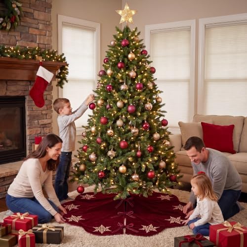 Hollowfly Burgundy Velvet Christmas Tree Skirt with Sequin Snowflake 48'' - Image 5
