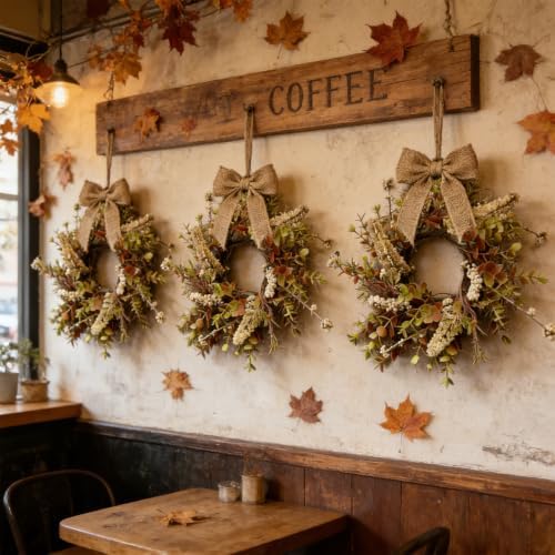 8 Pcs Small Fall Hanging Wreaths with Artificial Autumn Eucalyptus Greenery White Buds Beige Spikes Mini Cabinet Wreath for Home Table Centerpieces Kitchen Farmhouse Thanksgiving Party Decor - Image 5