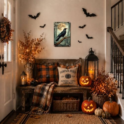 Vintage Metal Tin Sign Halloween Raven Full Moon Forest Dark Gothic Wall Art for Home Office 12×16 Inches with Metal Frame - Image 3