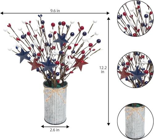 Uieke 4th of July Decorations 6PCS Artificial Patriotic Floral Picks with Vase, Artificial Berry Stem Picks Star Shaped for Independence Day Red White Blue Decor for Home Office Wedding Centerpieces - Image 4