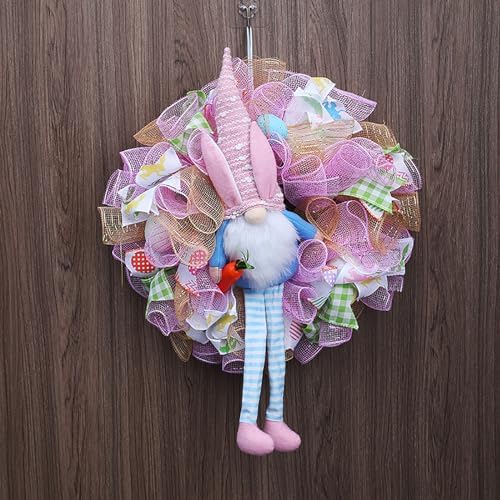 Easter Wreaths for Front Door with Lights,Easter Door Wreath,Easter Mesh Wreath,Bunny Spring Colorful Easter Decorations Holiday Ornament for Home Indoor Outdoor Supplies (Pink Long Leg) - Image 6