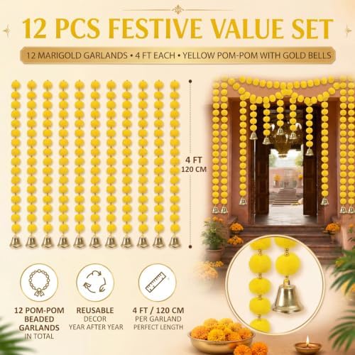 Suncalla 12 Pcs 4 Ft Marigold Garland Gold Bell,Yellow - Image 2