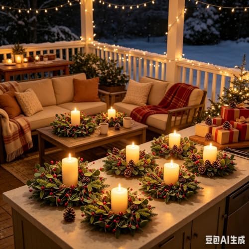 6 Pcs Small 4th of July Candle Ring Wreath with Red Blue White Daisy Artificial Hydrangea Flowers Mini Independence Day Candle Holder Wreath (6, Greenery with Red Bells Pinecones) - Image 3