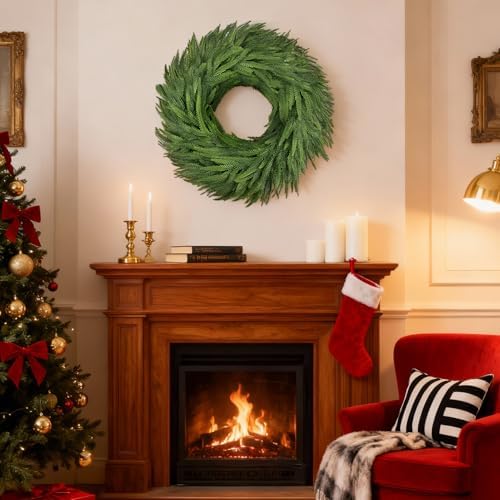 24" Norfolk Pine Wreath for Front Door, Real Touch Christmas Wreaths Artificial Greenery Realistic Wreath Holiday Winter Decoration for Home Decor Window Indoor Outdoor - Image 6